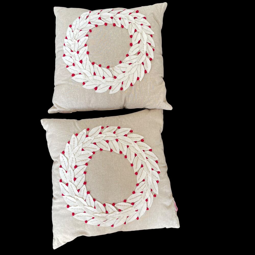 Farmhouse Fabric Wreath Berries Pillow Pair Beige Tan Boho Christmas Holiday